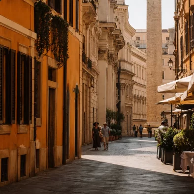 Sunlit historic street in Rome during an August afternoon