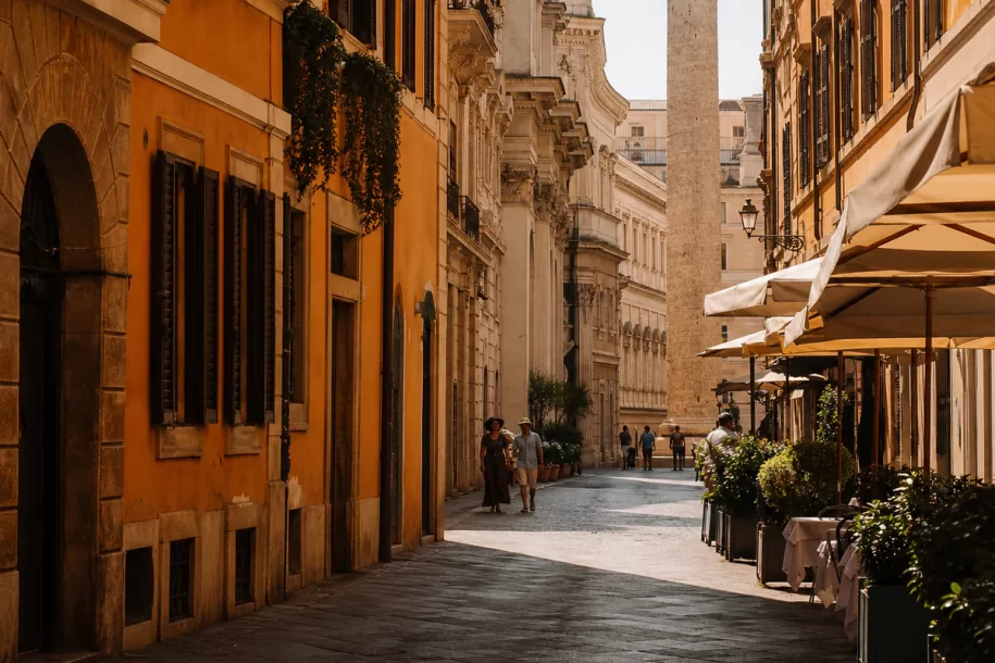 Sunlit historic street in Rome during an August afternoon