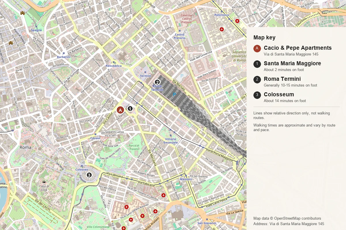 Map showing Cacio e Pepe Apartments near Santa Maria Maggiore, Termini and the Colosseum