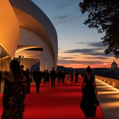 Visitors arriving at a cinematic red carpet event in Rome at dusk