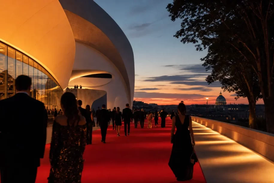 Visitors arriving at a cinematic red carpet event in Rome at dusk