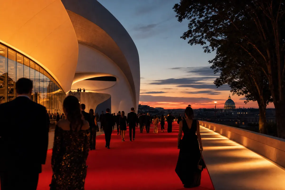 Visitors arriving at a cinematic red carpet event in Rome at dusk