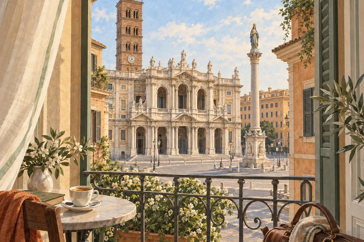 Editorial illustration of Santa Maria Maggiore in Rome viewed from an imagined nearby balcony.