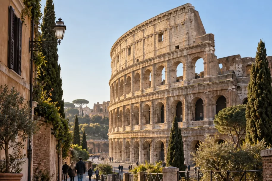 The Colosseum seen from the Monti side on a clear morning