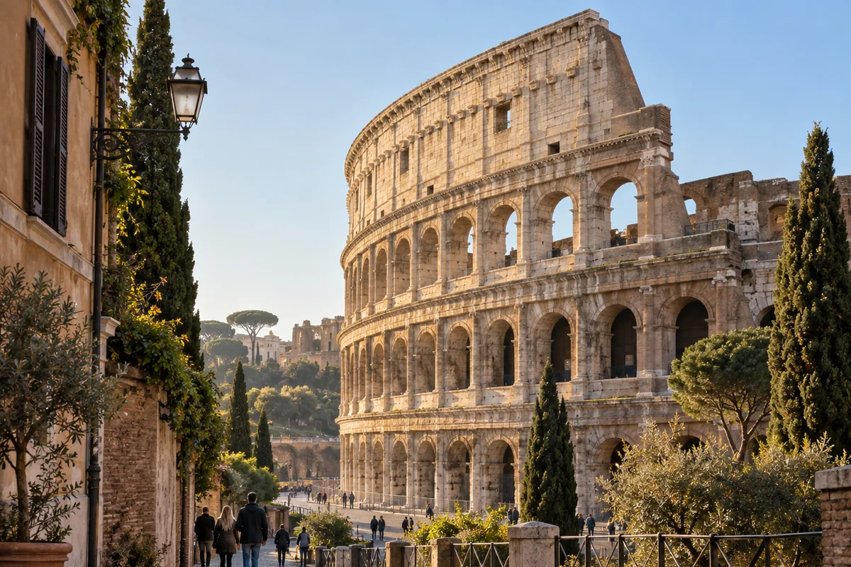 The Colosseum seen from the Monti side on a clear morning